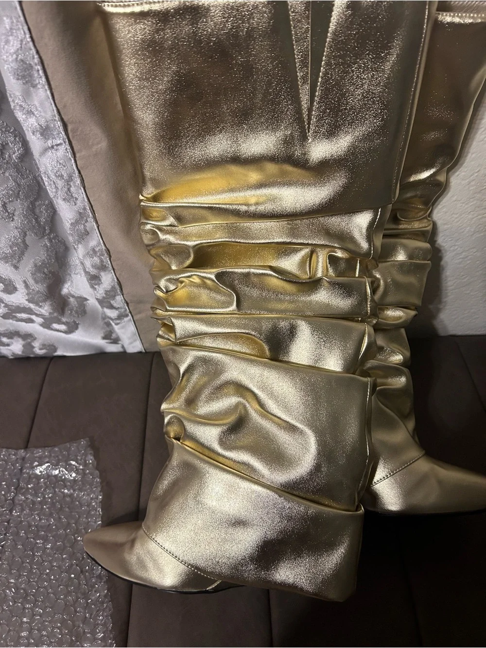 Azalea Wang Gold Metallic Ruched Wedge Knee Boot